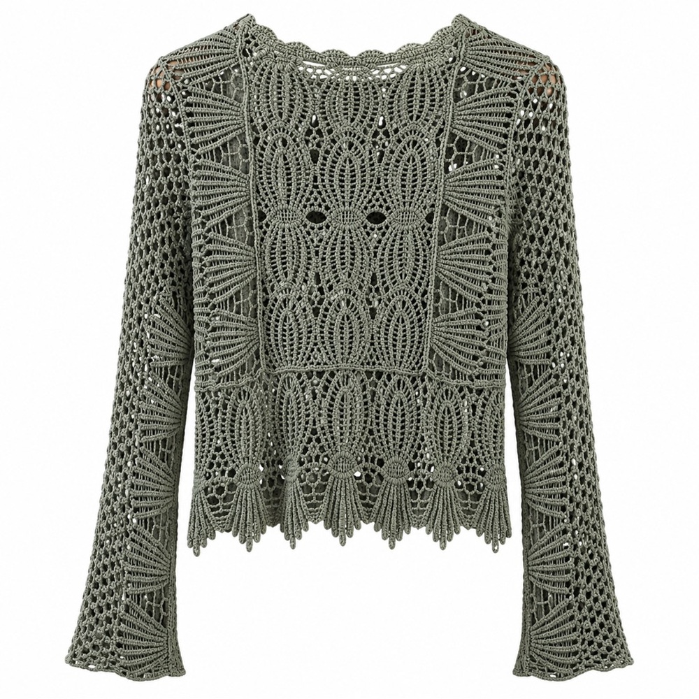 Sage Green Crochet Sweater Top Bell Sleeve Festival Cover Up Western Boho S